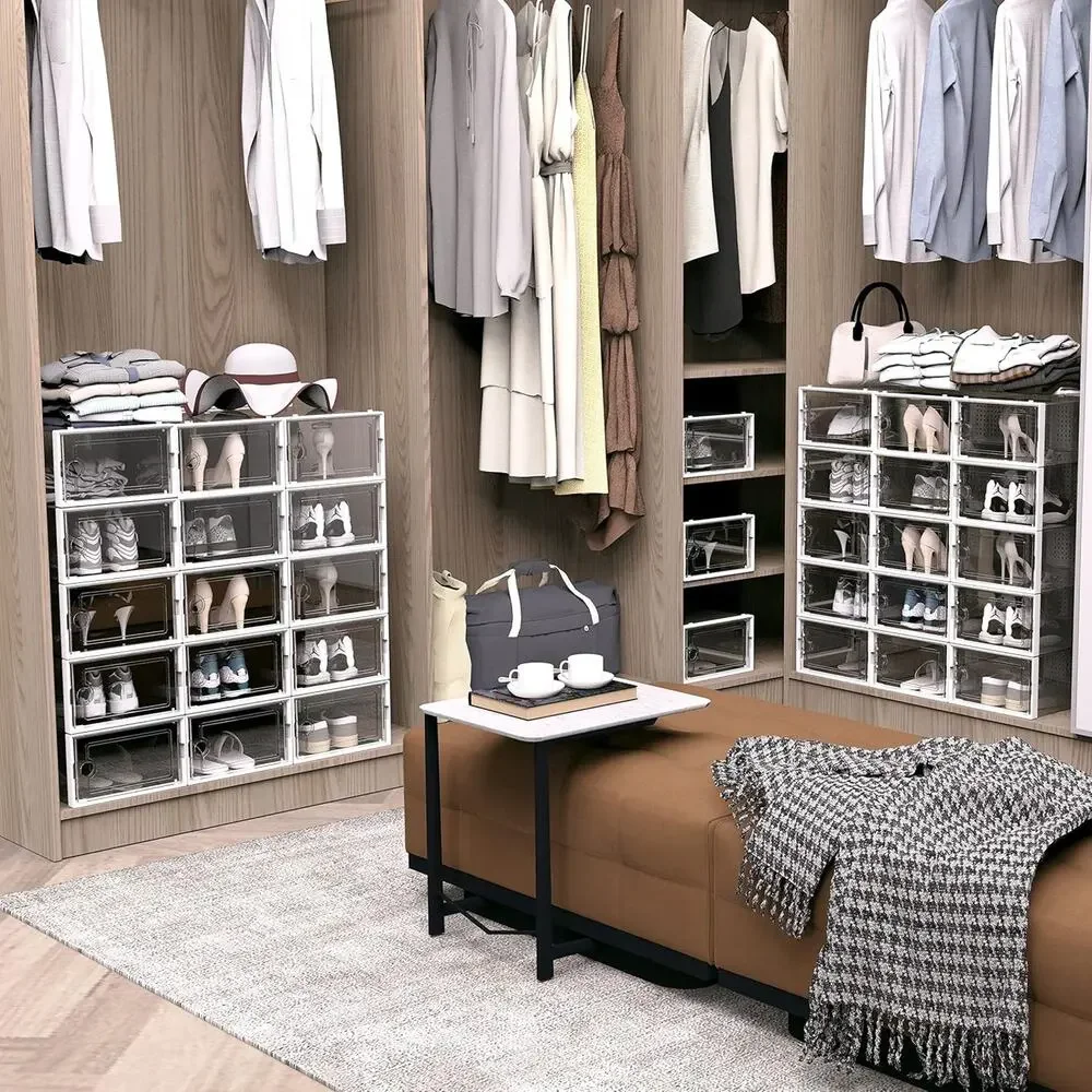 Stackable Clear Shoe Storage Boxes - 15 Pack Foldable Organizers for Closet